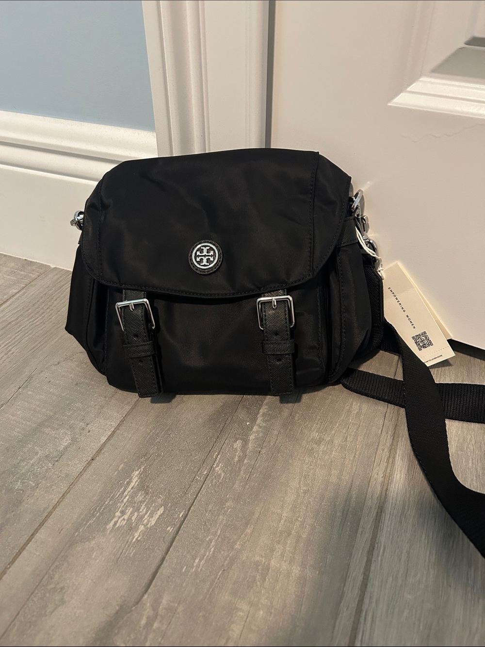Tory Burch Black Nylon Messenger Bag with Logo Hardware